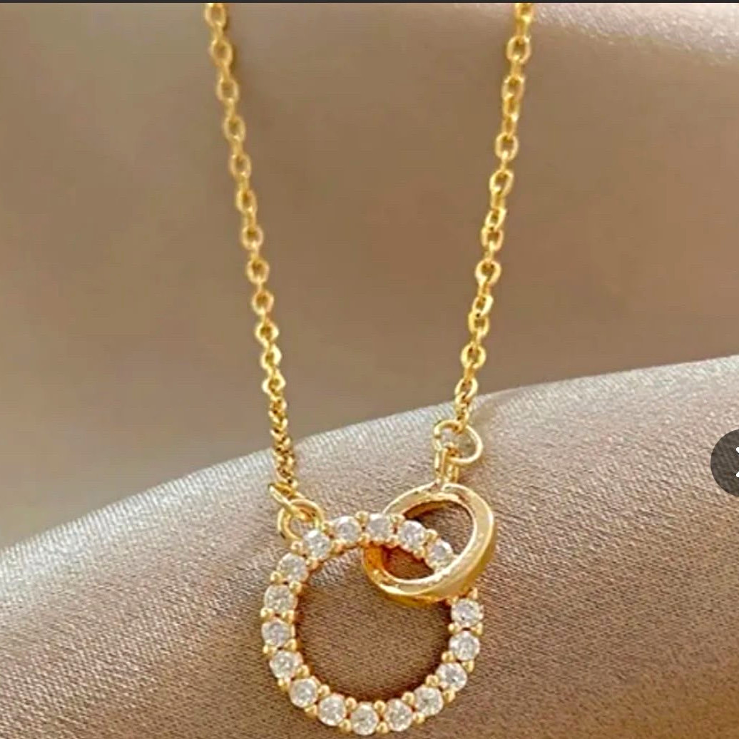 Gold Tone Yellow Gold Plated Cable Chain Round Charm Pendant Sim Diamond Stones