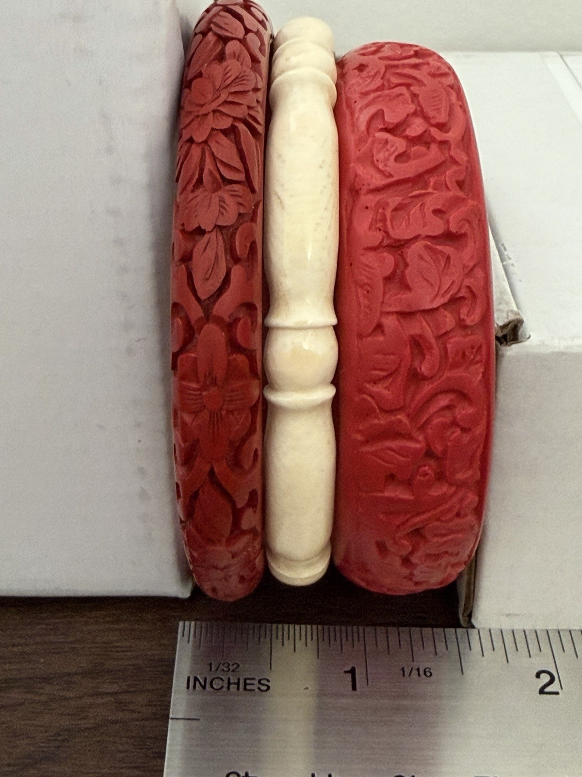Vintage 3pc Cinnabar Red Lacquer Bangle Set Faux Bone Bamboo Bracelet Stack