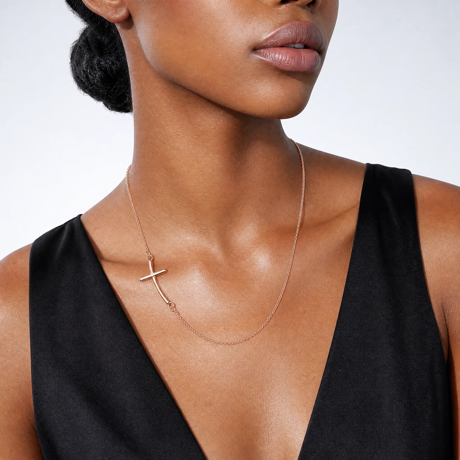 Sterling Silver Rose Gold-Plated Large Off-Set Sideways Curved Cross Necklace