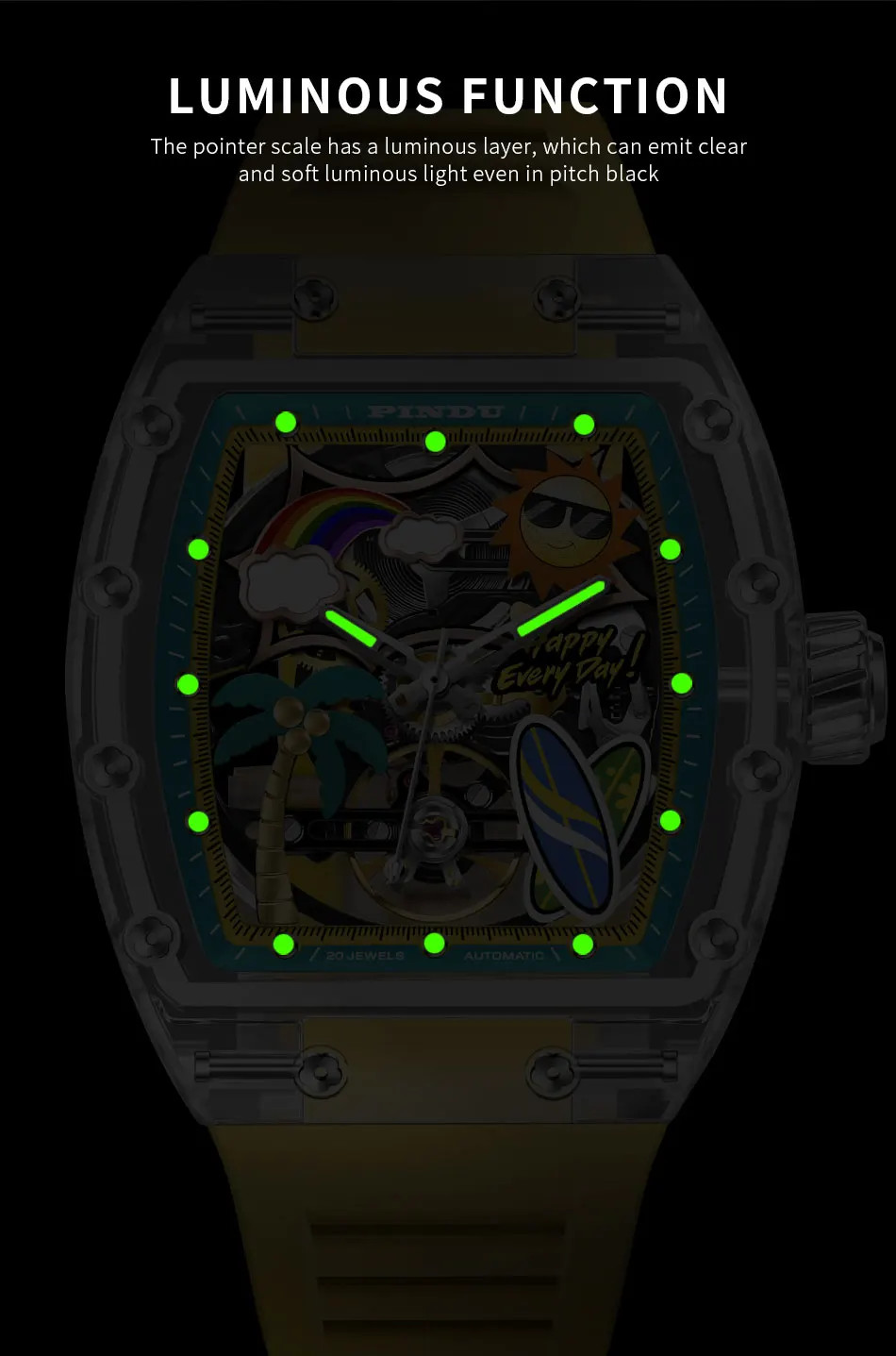 Unique Dial Men’s Mechanical Watch Summer Beach Glow Waterproof Silicone