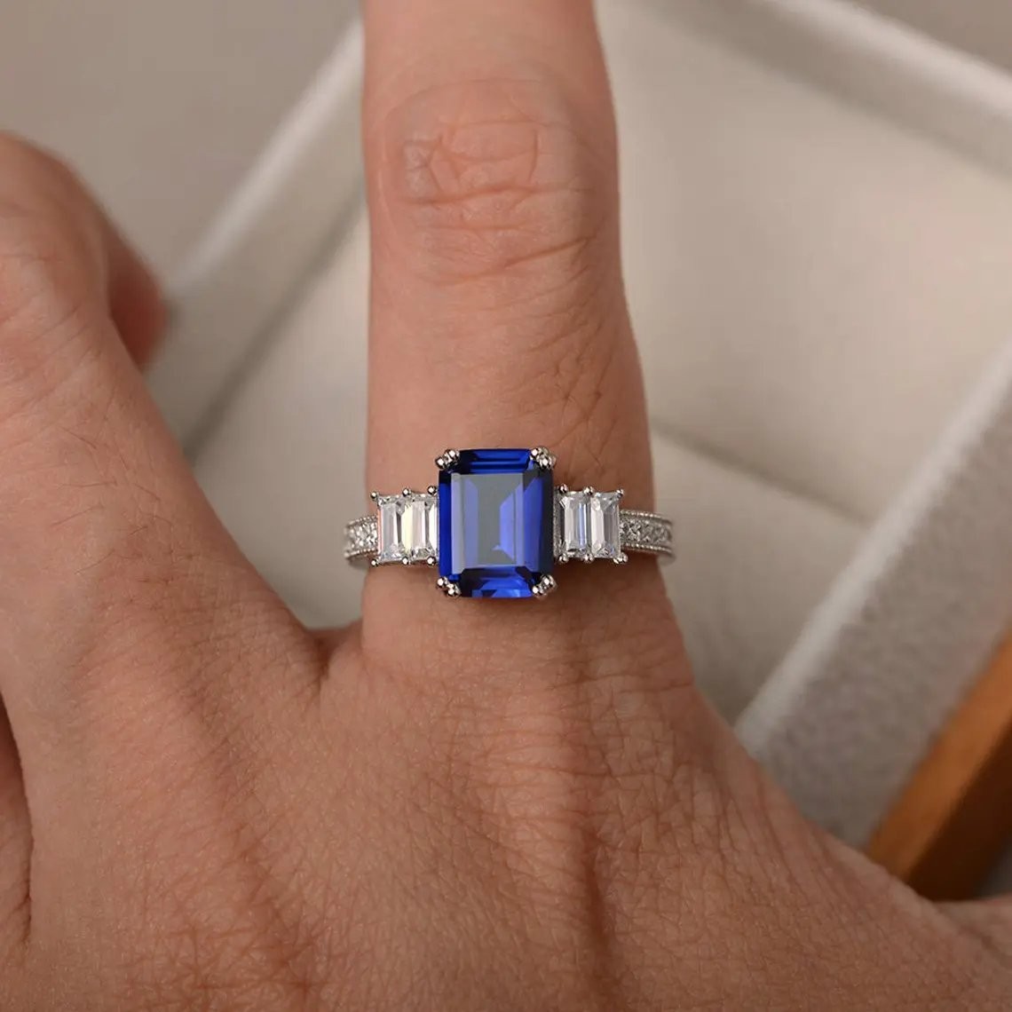 2CT Blue Sapphire Gemstone 925 Silver Plated Statement Ring US Duty Free