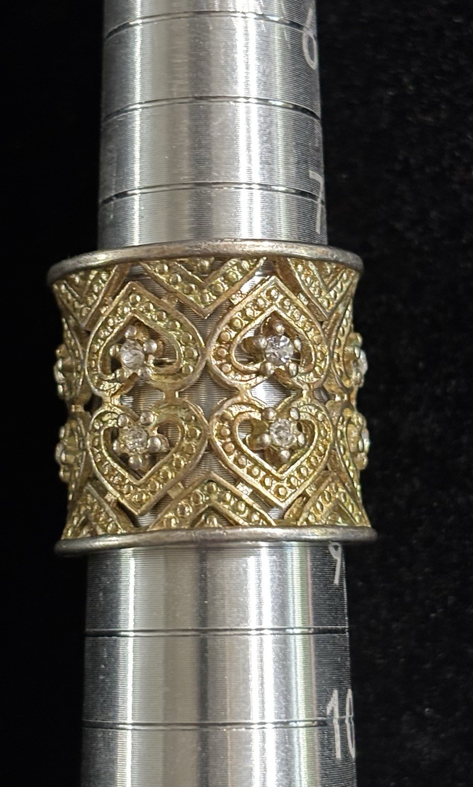 Two Toned Sterling Silver Wide Cigar Band With Filigree And Hearts Size 8-8.5
