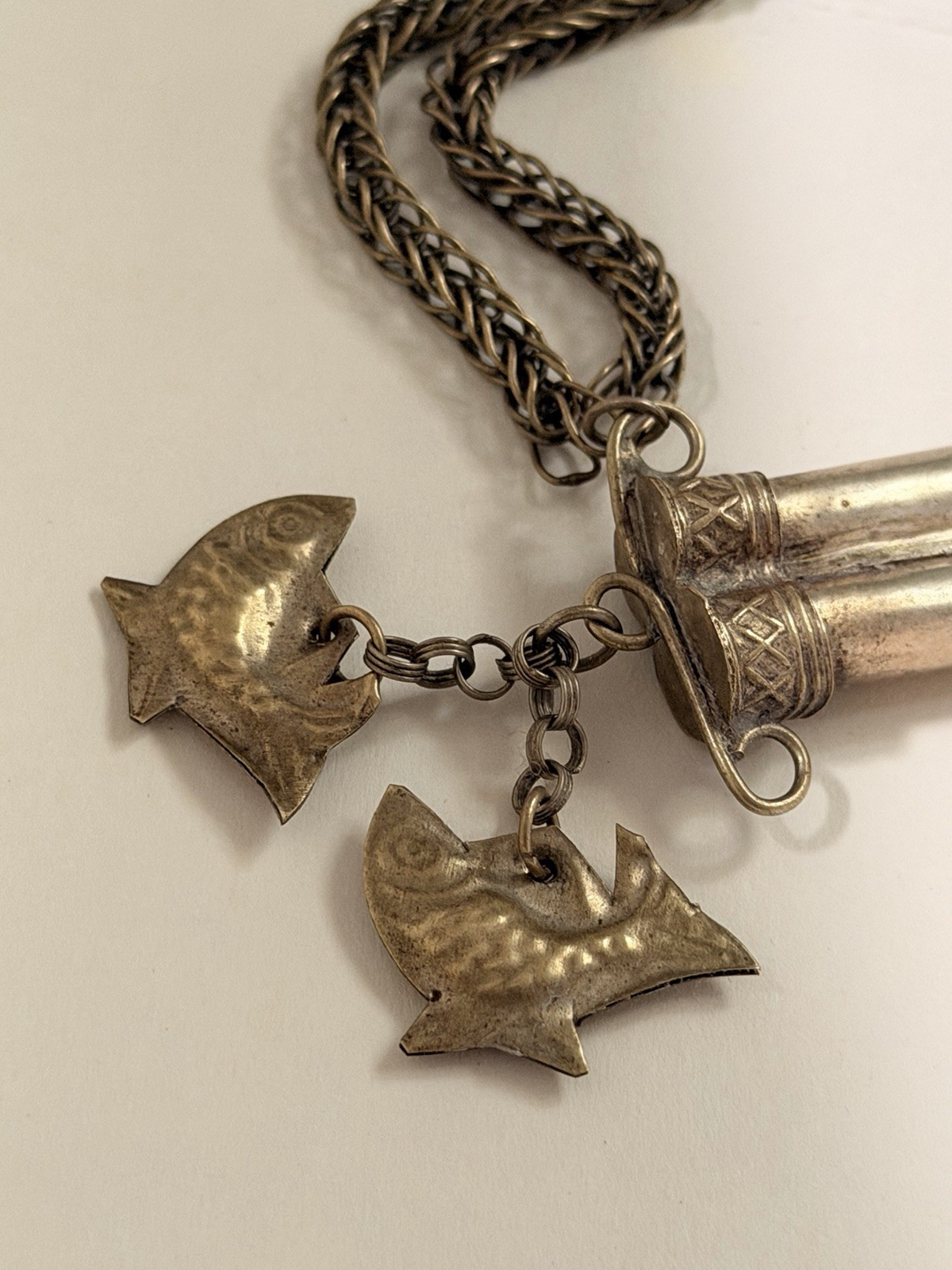 Vintage Tibetan Double Prayer Scroll Tube Necklace Fish Charms Pendant 29g Rare