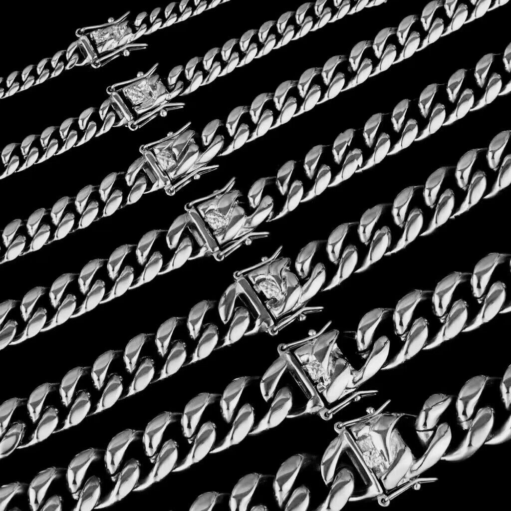 8mm White Gold Plated Solid Stainless Steel Miami Cuban Link Bracelet Chain
