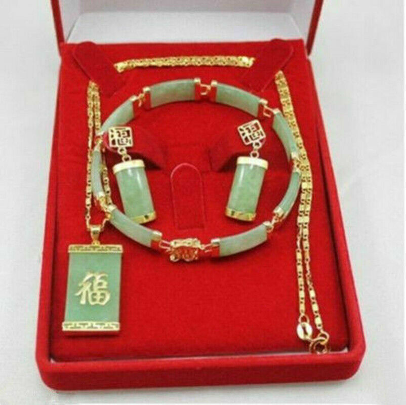 Fashion Natural Green Jade Gemstones Bracelet Earrings Necklace Pendant Set AAA
