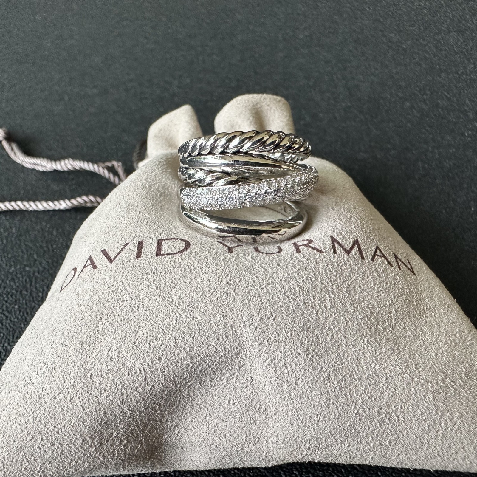David Yurman Crossover Ring 925 Sterling Silver with Diamonds Size 7