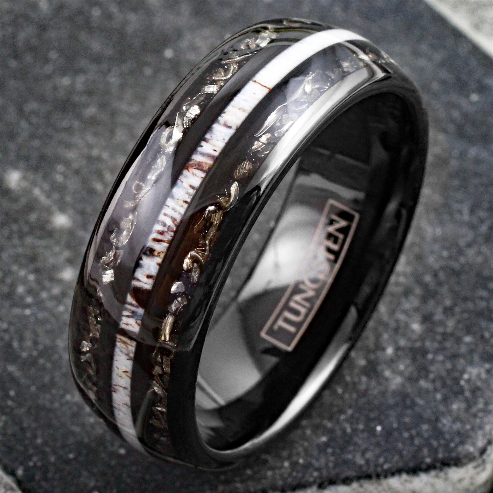 Personalized Black Tungsten Carbide Ring & Deer Antler & Meteorite Wedding Band