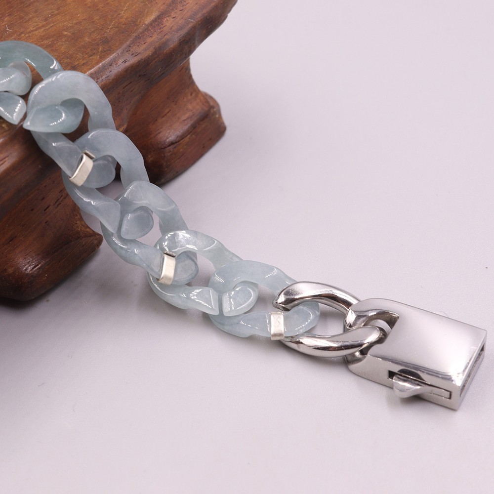 Real Grade A Natural Blue Jadeite Jade Cuban Curb Link Bracelet 7.5-7.9inch