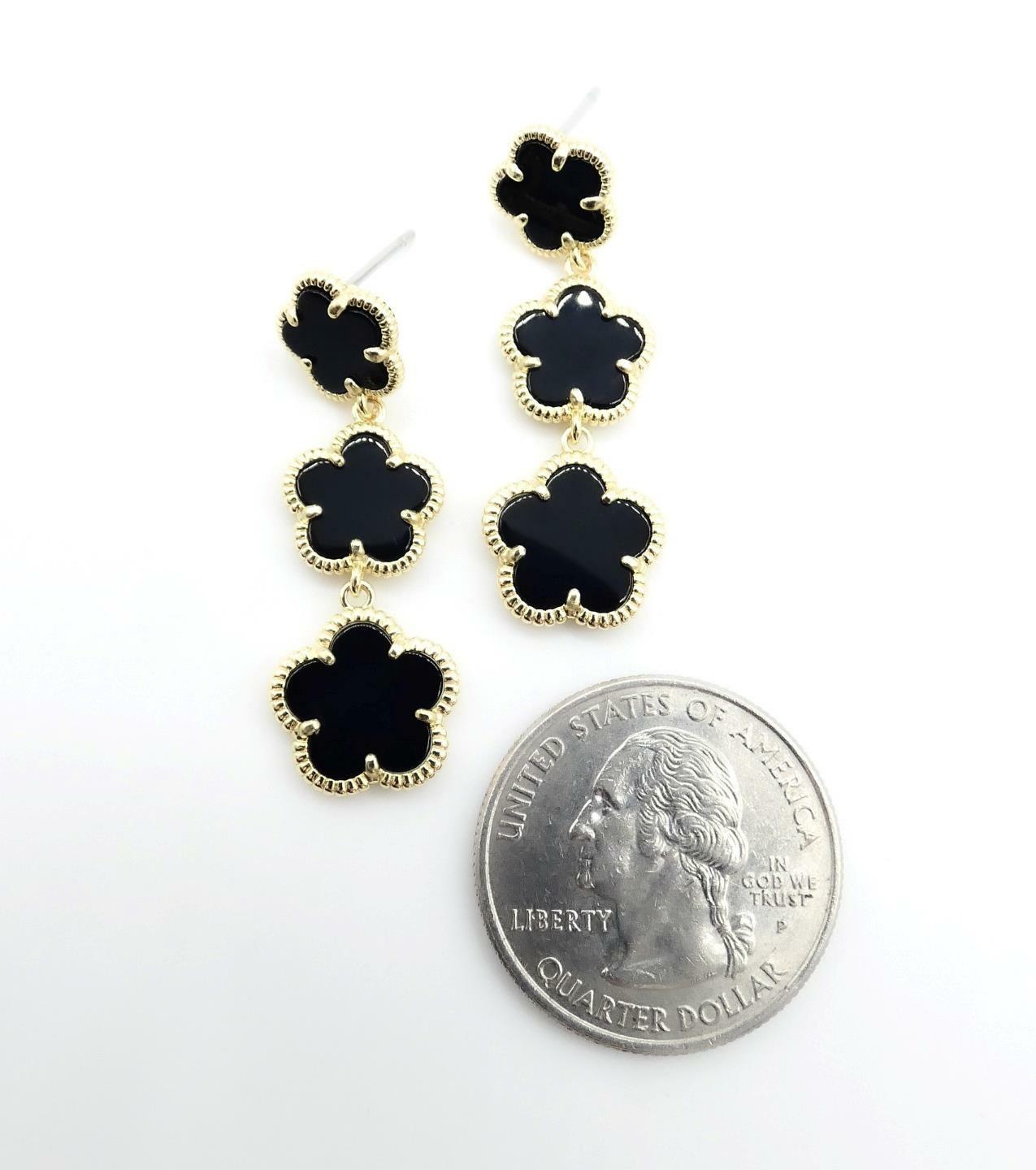 EXQUISITE Lightweight 18kt Gold Plated Triple Black Onyx 5 Petal Flower Earrings