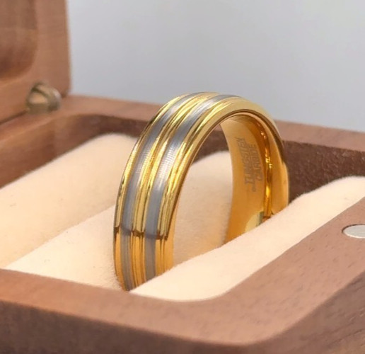 Gunmetal Dual Strip Turkey Day Gift Band Dome Yellow Gold Tungsten Proposal Ring