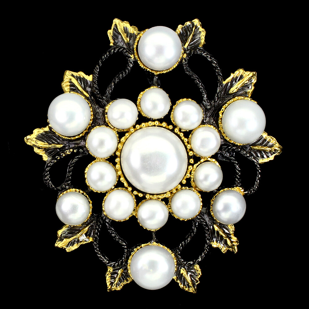 Round White Black Pearl 13mm 925 Sterling Silver Brooch Big 58x50mm