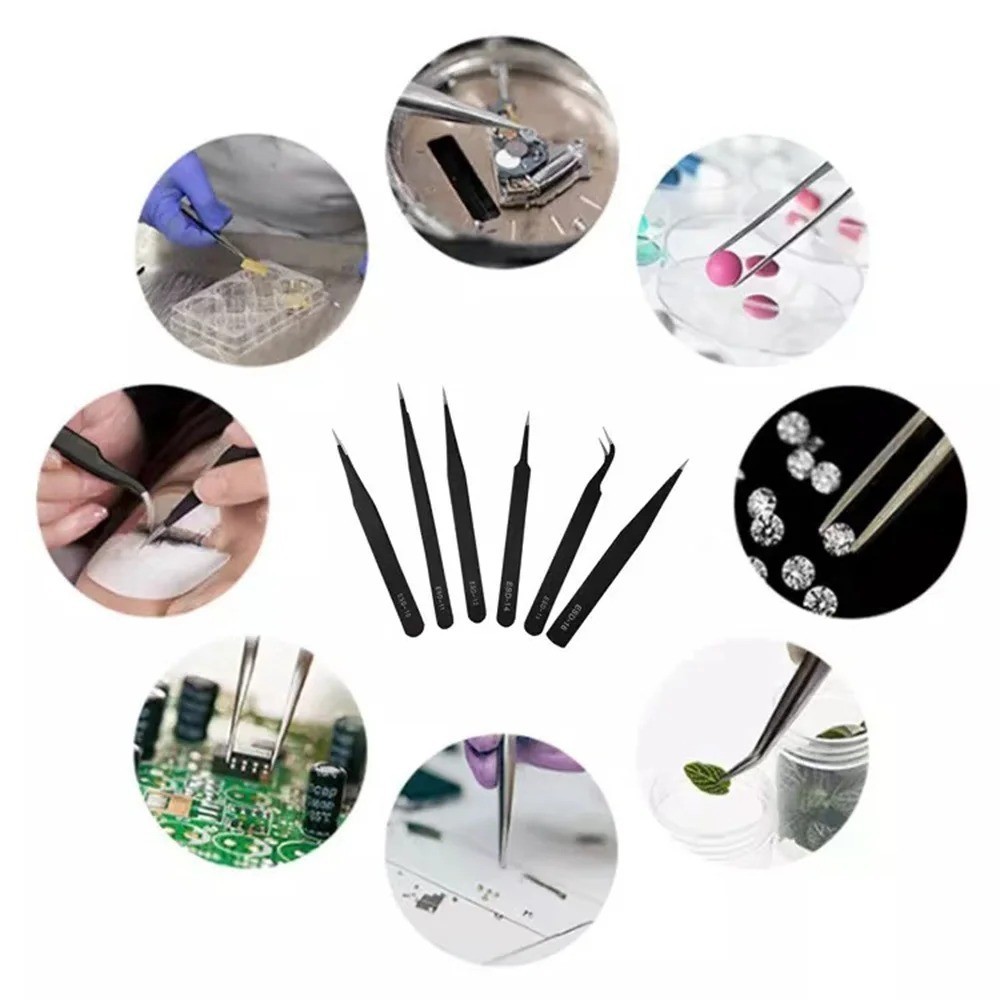6PCS ESD Anti-Static Precision Tweezers Set Stainless Steel Repair Tools