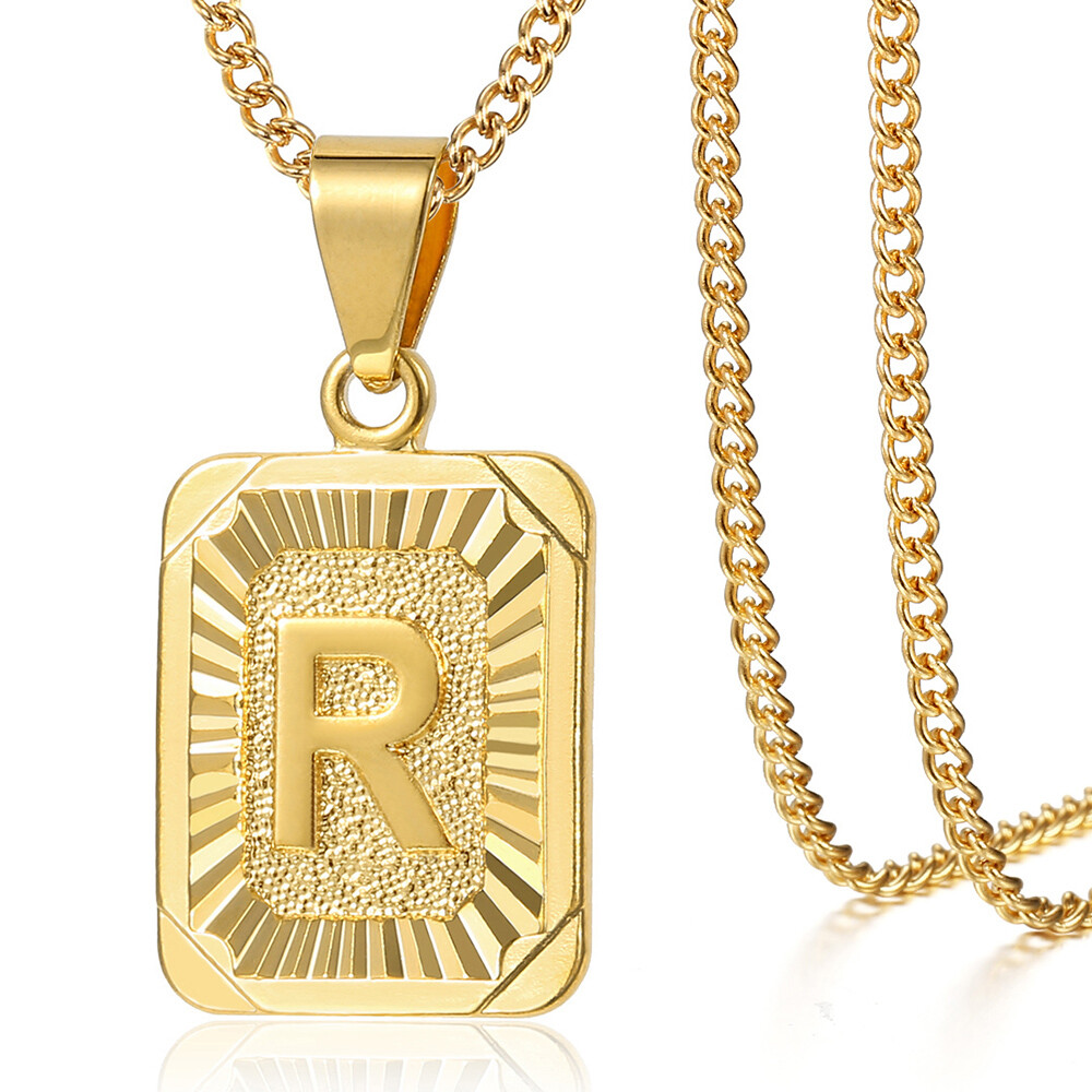 Gold Plated Initial Necklace Letter Pendant Stainless Steel Curb Chain Unisex