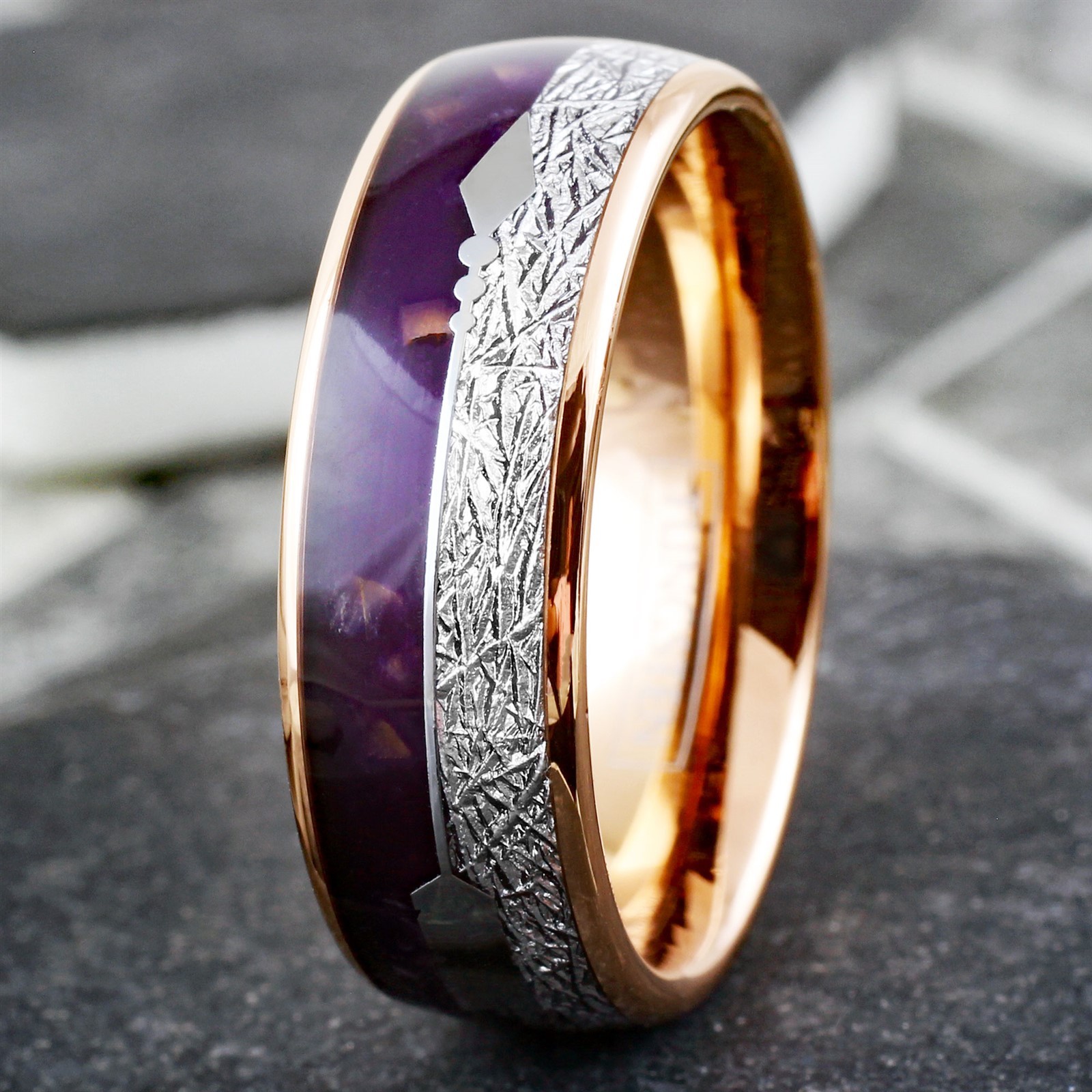 Rose Gold Plated Tungsten Men’s Ring Purple Lapis & Faux Meteorite Wedding Band