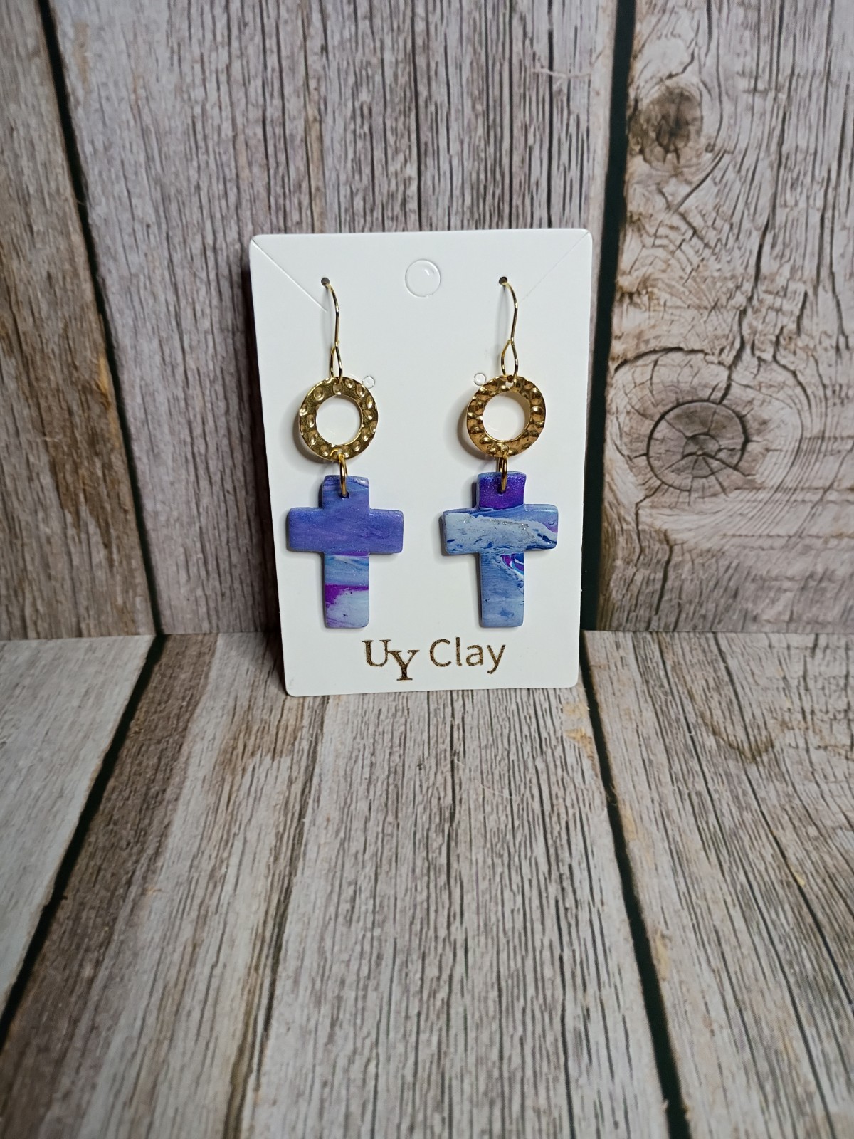 Handmade Purple Marbled Cross Gold Ring Polymer Clay Dangle Earrings – Hypoaller