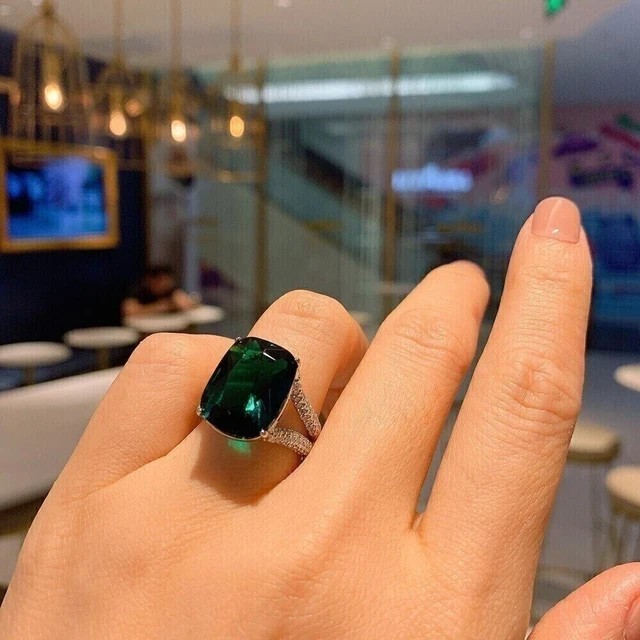 3Ct Cushion Cut Lab-Created Green Emerald Engagement Ring 14k White Gold Plated