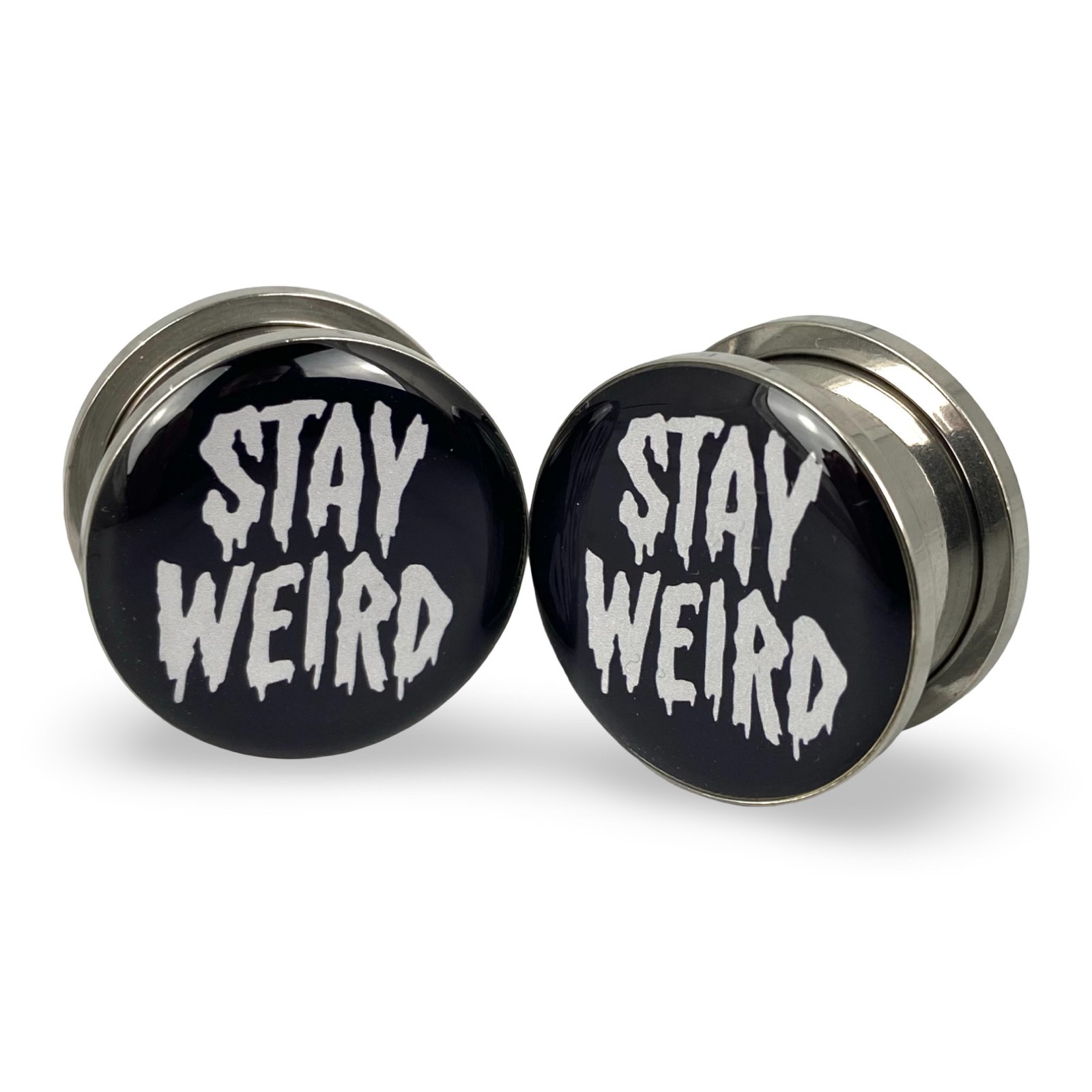Pair of Screw on Stay Weird Picture Plugs gauges 16g to 1 inch