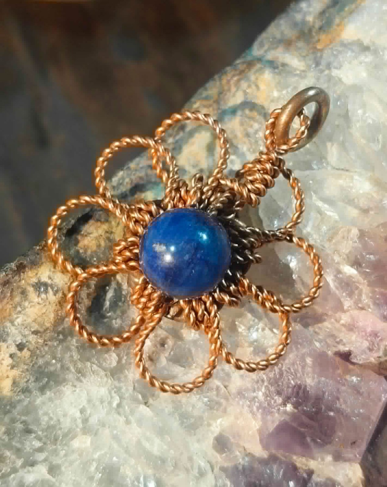 Flower Pendant Copper Daisy Wire Wrapped Mandala Kyanite Lucky Jewelry #PM6