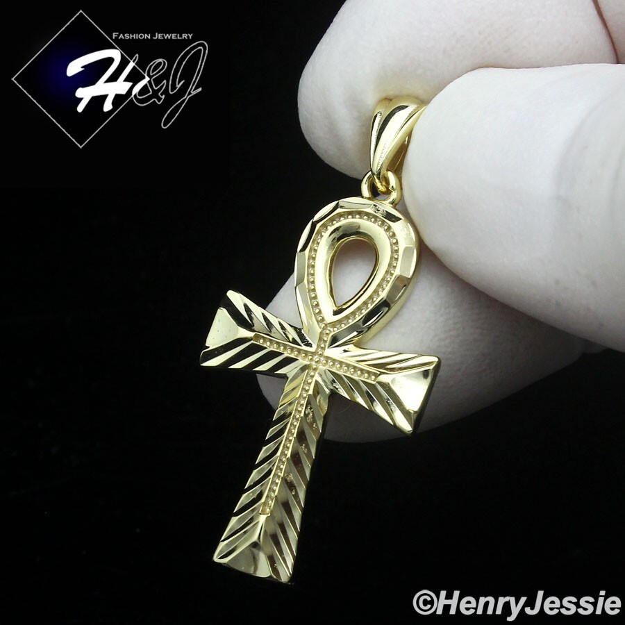 MEN 925 STERLING SILVER MOON CUT PLAIN GOLD PLATED ANKH KEY CROSS PENDANT*GP467