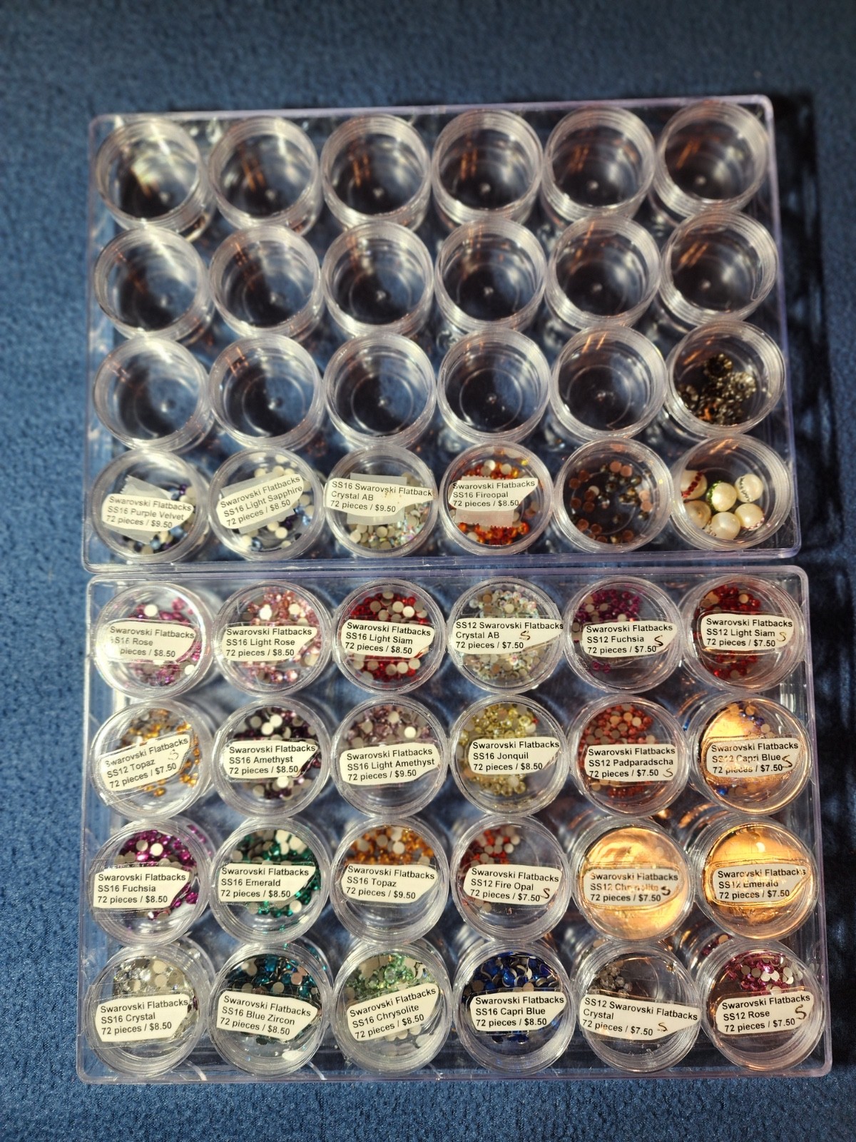 Huge Swarovski Flatback Crystal Lot 28 Jars 1400+ Pieces SS12 SS16 + Pearls