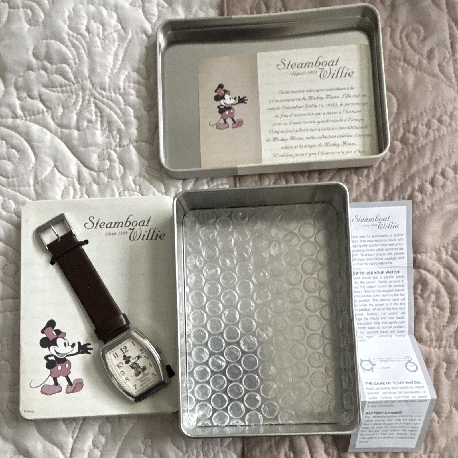 Disney Steamboat Willie Quartz Analog White Dial Silver Case Brown Leather