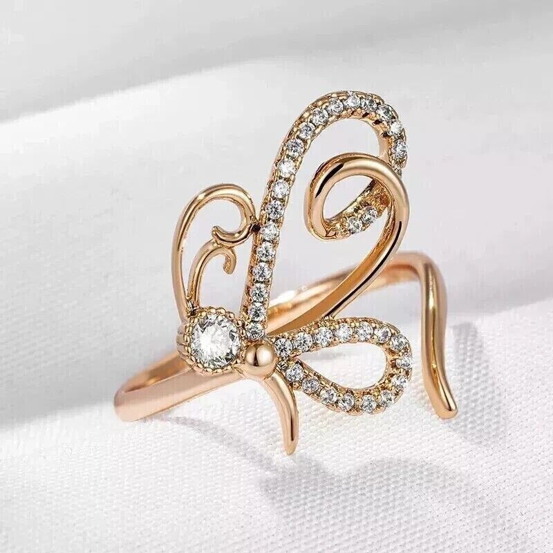 1.50 Ct Round Simulated Diamond Engagement Butterfly Ring 14k Rose Gold Plated