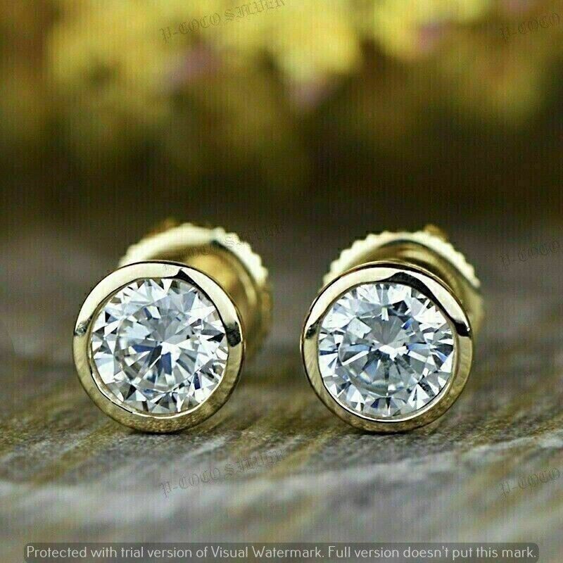 2Ct Round Lab Created Diamond Bezel Set Solitaire Stud Earrings 14K Gold Plated