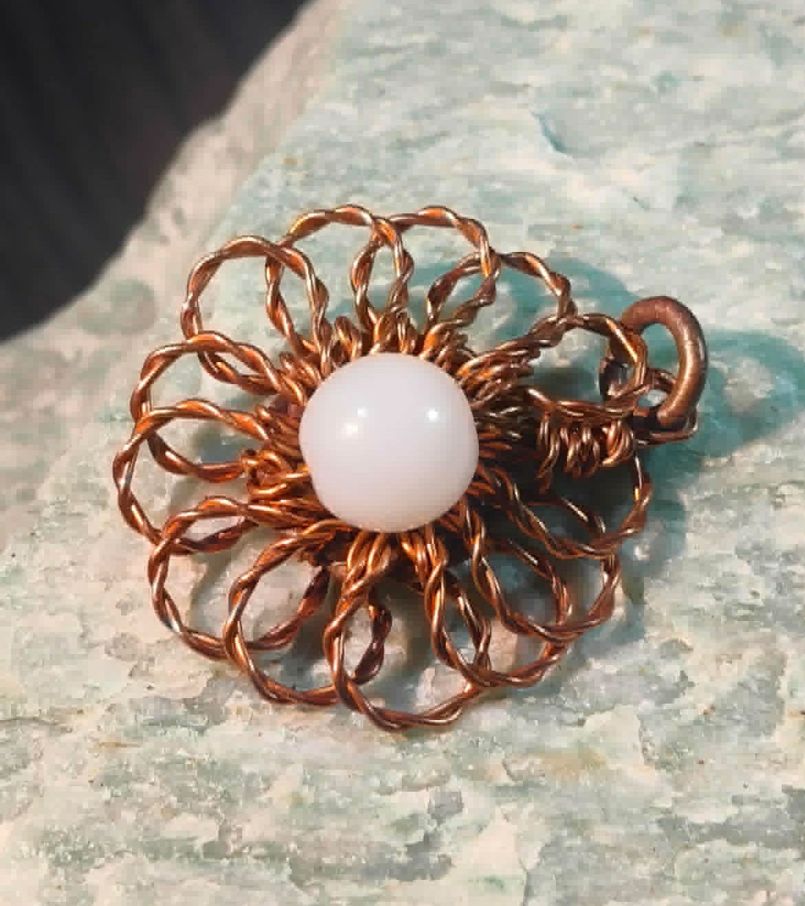 Flower Pendant Copper Daisy Wire Wrapped Mandala Jade Energy Lucky Jewelry #PM3