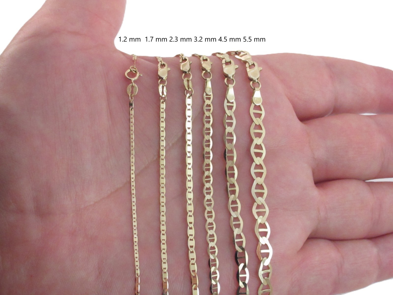 10k Solid Yellow Gold Mariner Anchor Link Chain 16″ To 24″, 1.2 mm To 5.5 mm
