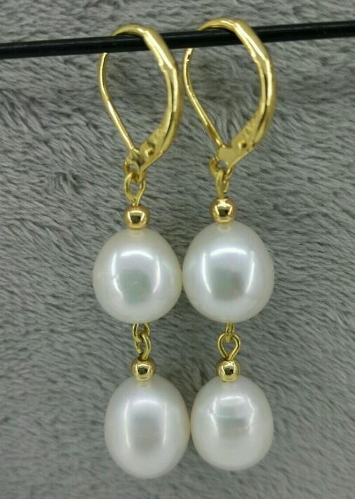 AAA+ 9-10mm Natural Akoya White South Sea Pearl Dangle Earrings 14k Gold