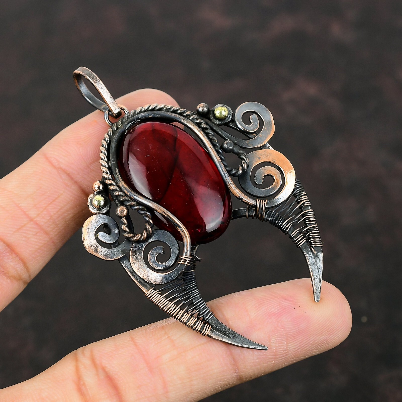 Red Fire Labradorite Wire Wrapped Pendant Handcrafted Copper Holiday 2.87″