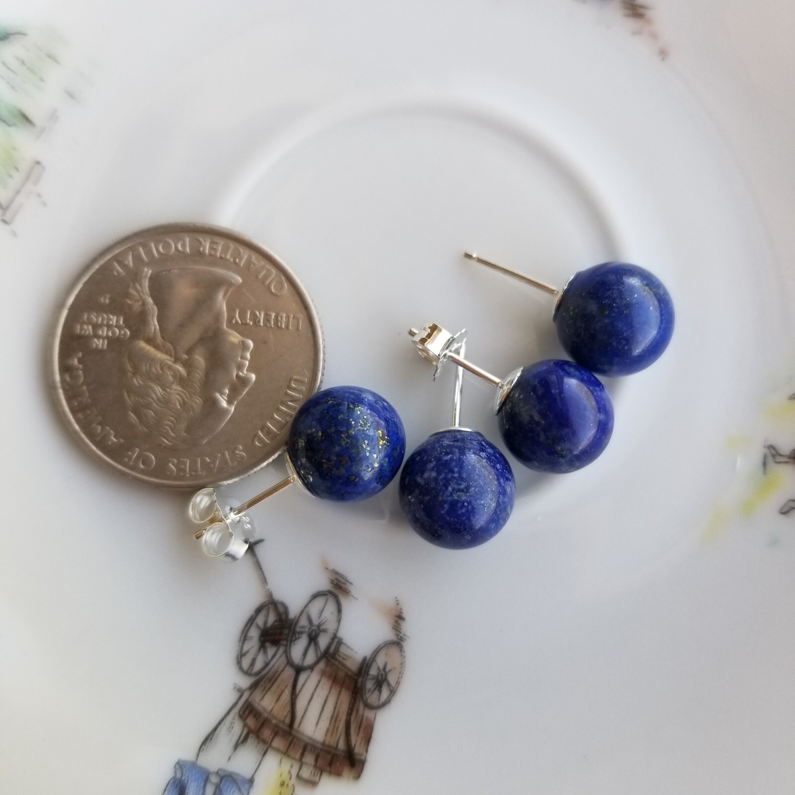 Solid 925 Sliver Natural Blue Lapis Lazuli 10mm Round Ball Stud Earrings