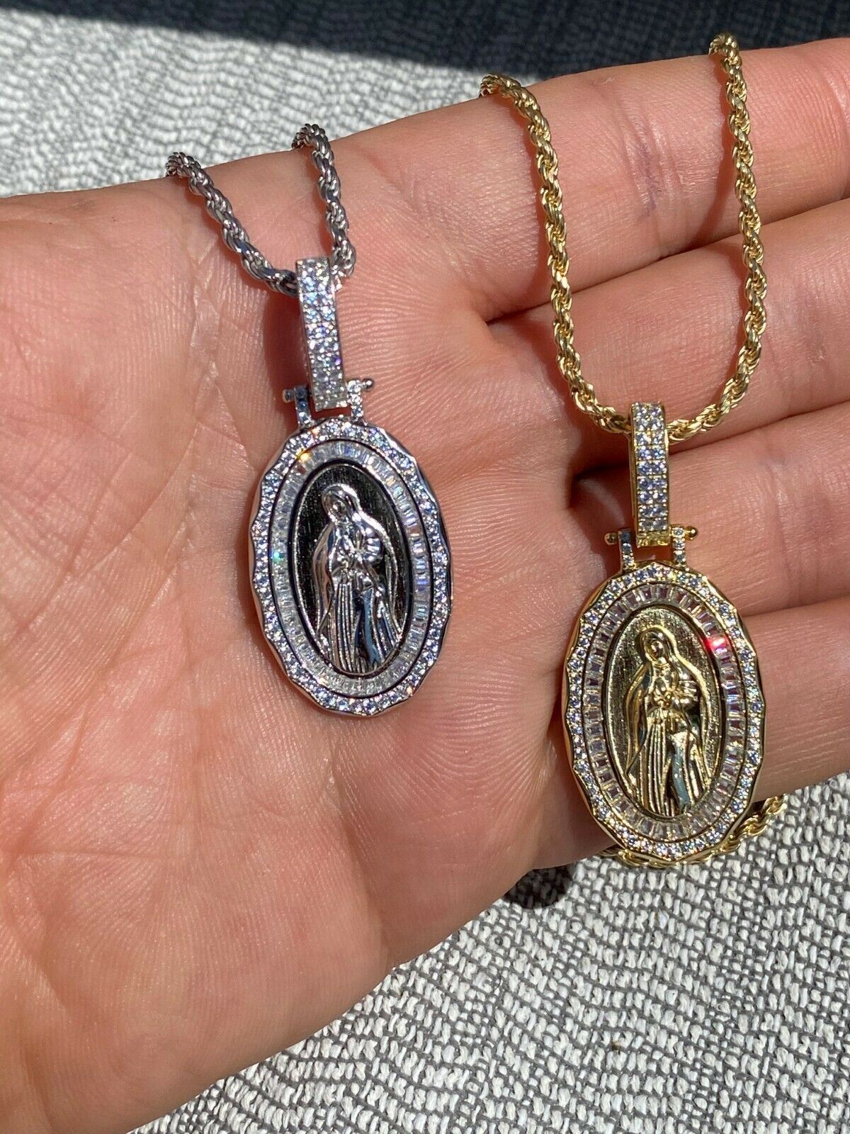 925 Sterling Silver Virgin Mary Necklace Pendant CZ Medallion Icy Chain Baguette