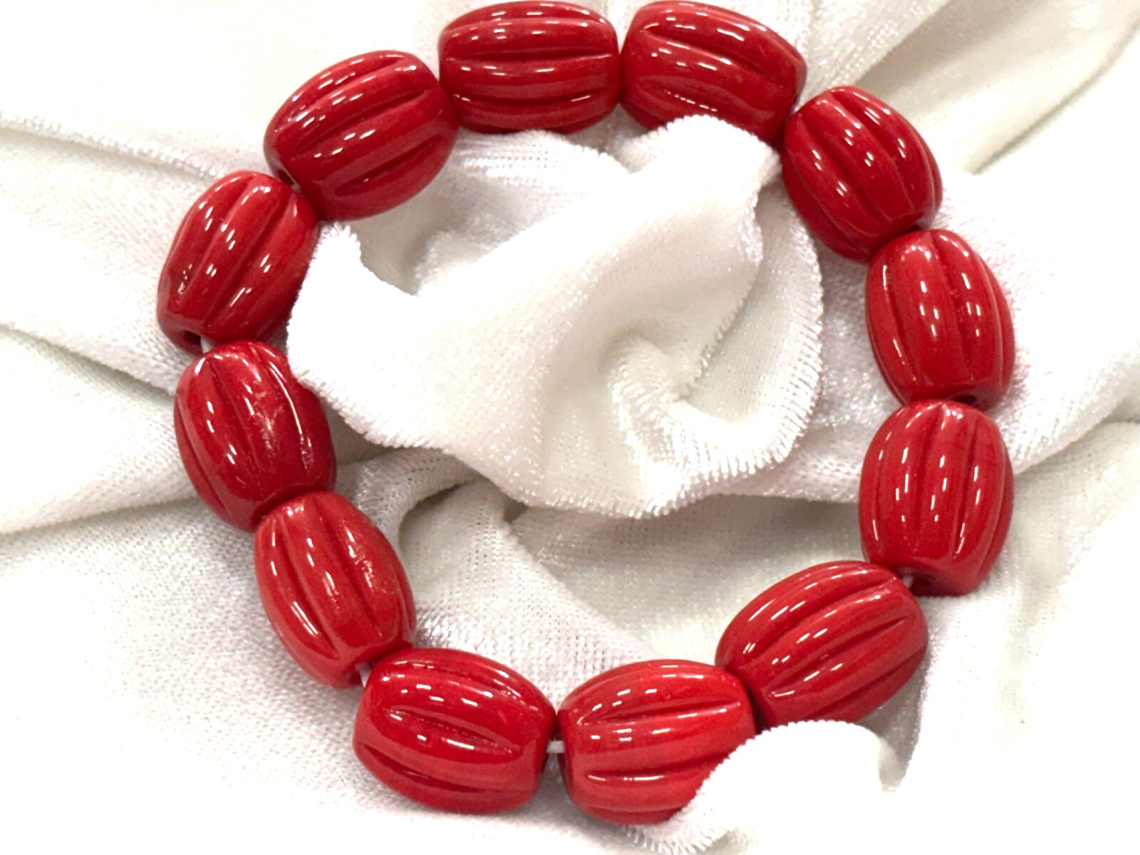 RED CORAL BARREL MELON CARVED 12X15 MM SMOOTH GEMSTONE BEADS 7″INCH 1 BRACELET