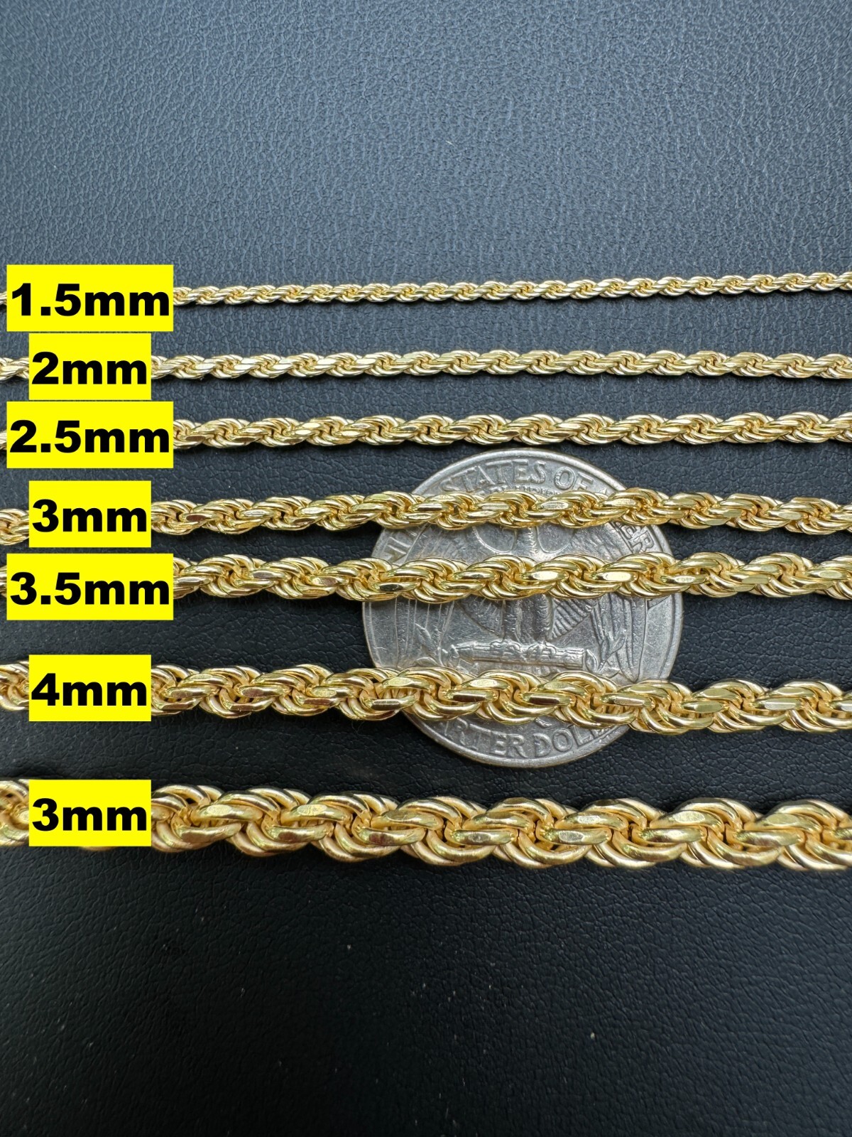 Cadena Rope de Plata 925 con Baño de Oro 14k para Hombre y Mujer 1.5-5mm