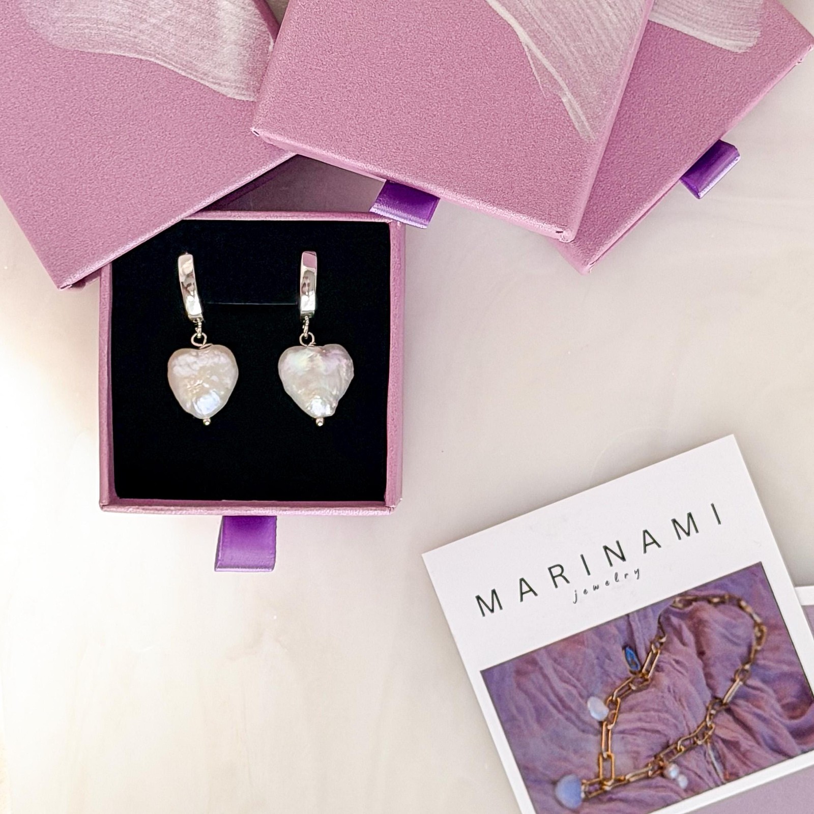 Heart Pearl Drop Earrings, Silver Huggie Hoops, Gift for Her
