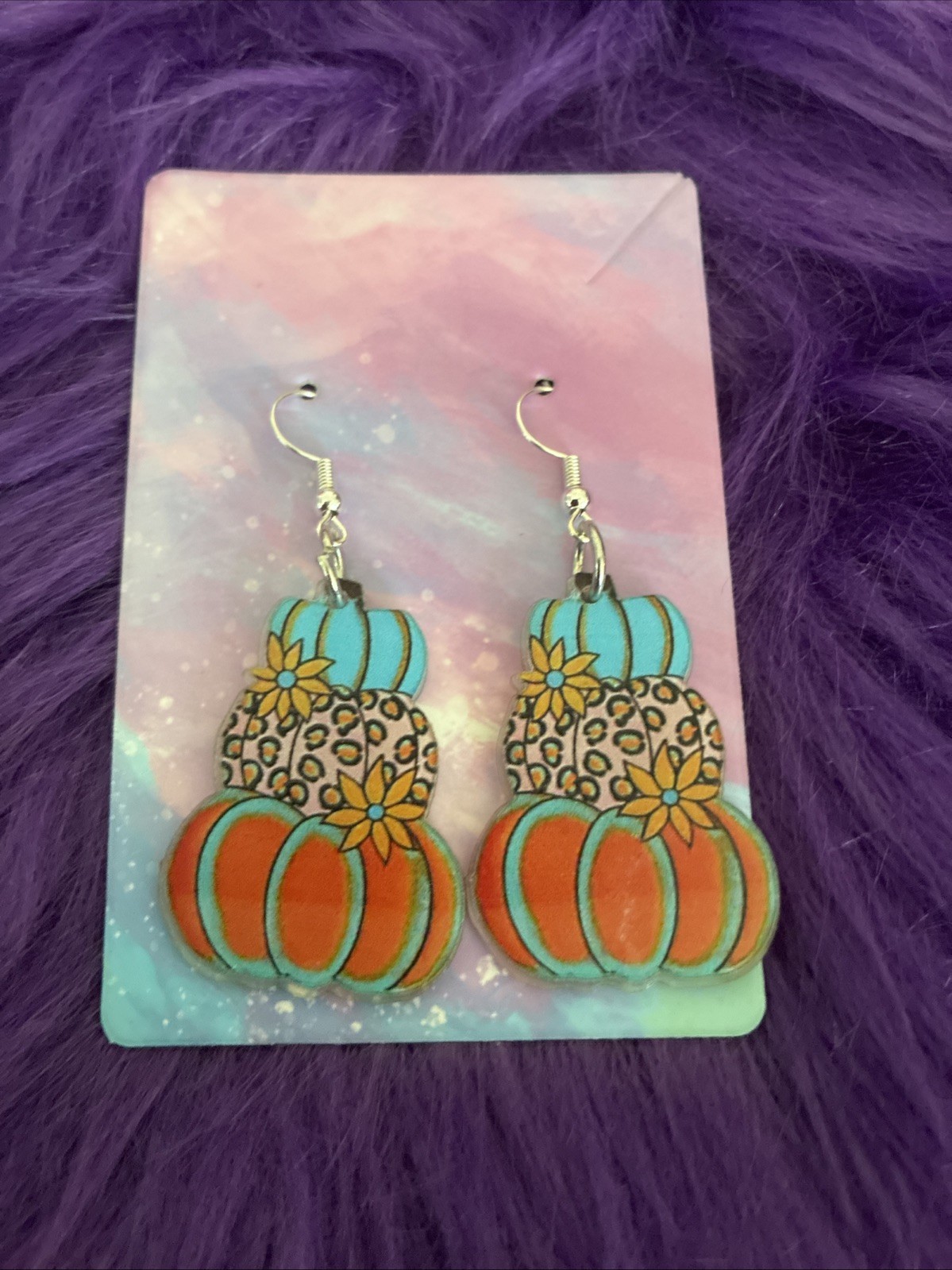 Autumn Acrylic Pumpkin Shaped Drop Style Earrings. Perfect For Halloween, Fall