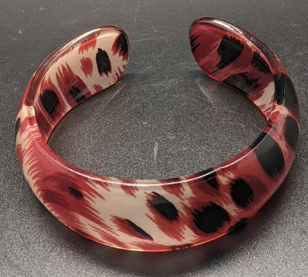 Lucite Cuff BRACELET Translucent Pink Black Leopard Print Bangle Vtg 1″ x 8″