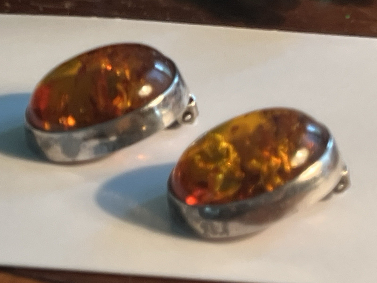 Oval Orange Amber Cabochon Bezel Clip-On Stud Earrings Silver Tone Metal