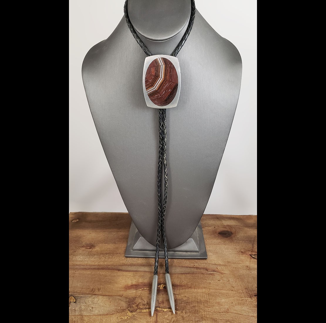 1979 Studio Artisan Signed Handmade Pewter & Hardwood Web Inlay Custom Bolo Tie