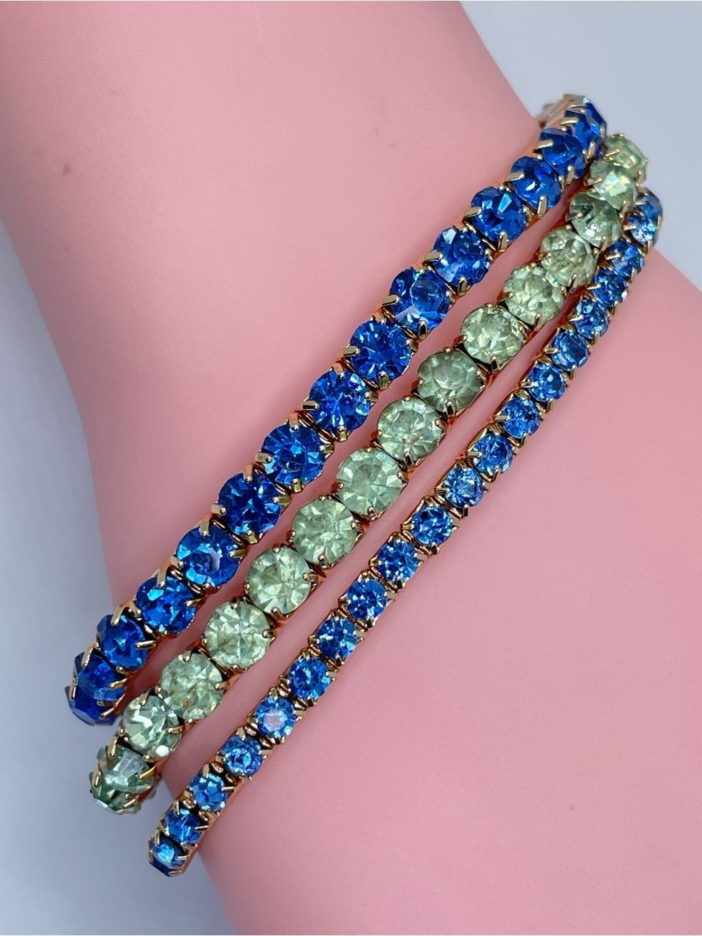 Gold Blue Green Crystal Glass Stackable Stretch Bracelet Set Boho