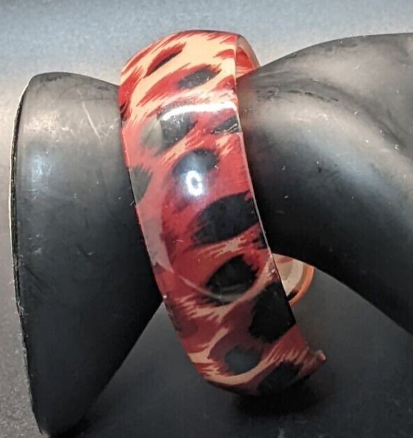 Lucite Cuff BRACELET Translucent Pink Black Leopard Print Bangle Vtg 1″ x 8″