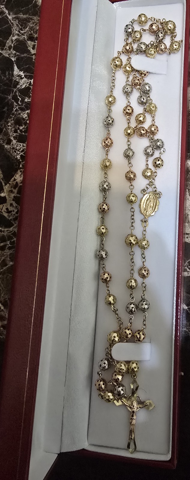 14K Solid Tri color Gold 2.4mm Puf Ball Virgin Guadalupe Rosary Necklace Rosario