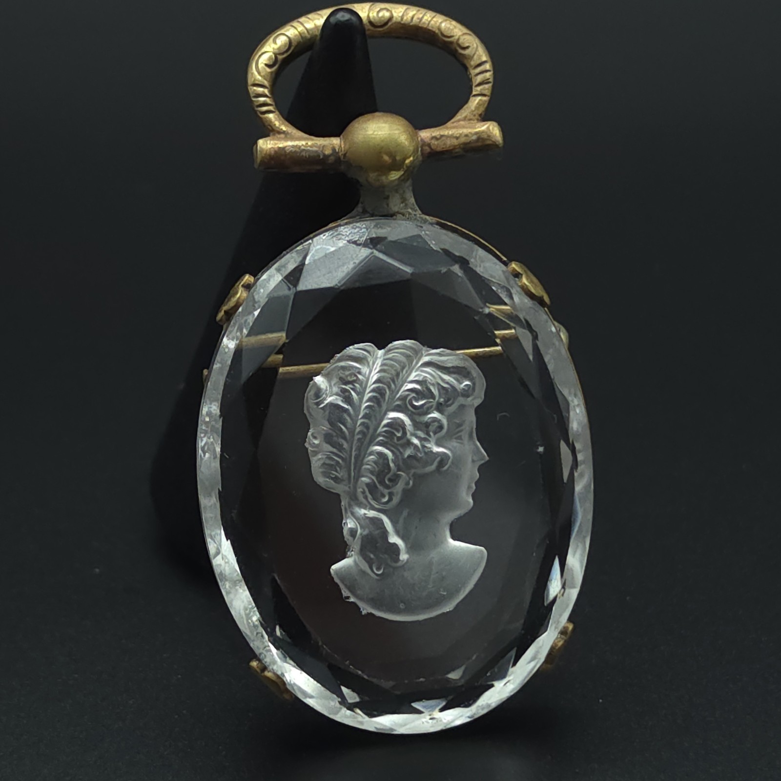 Antique Victorian Reverse Carved Crystal Intaglio Cameo Brooch Pendant Classical