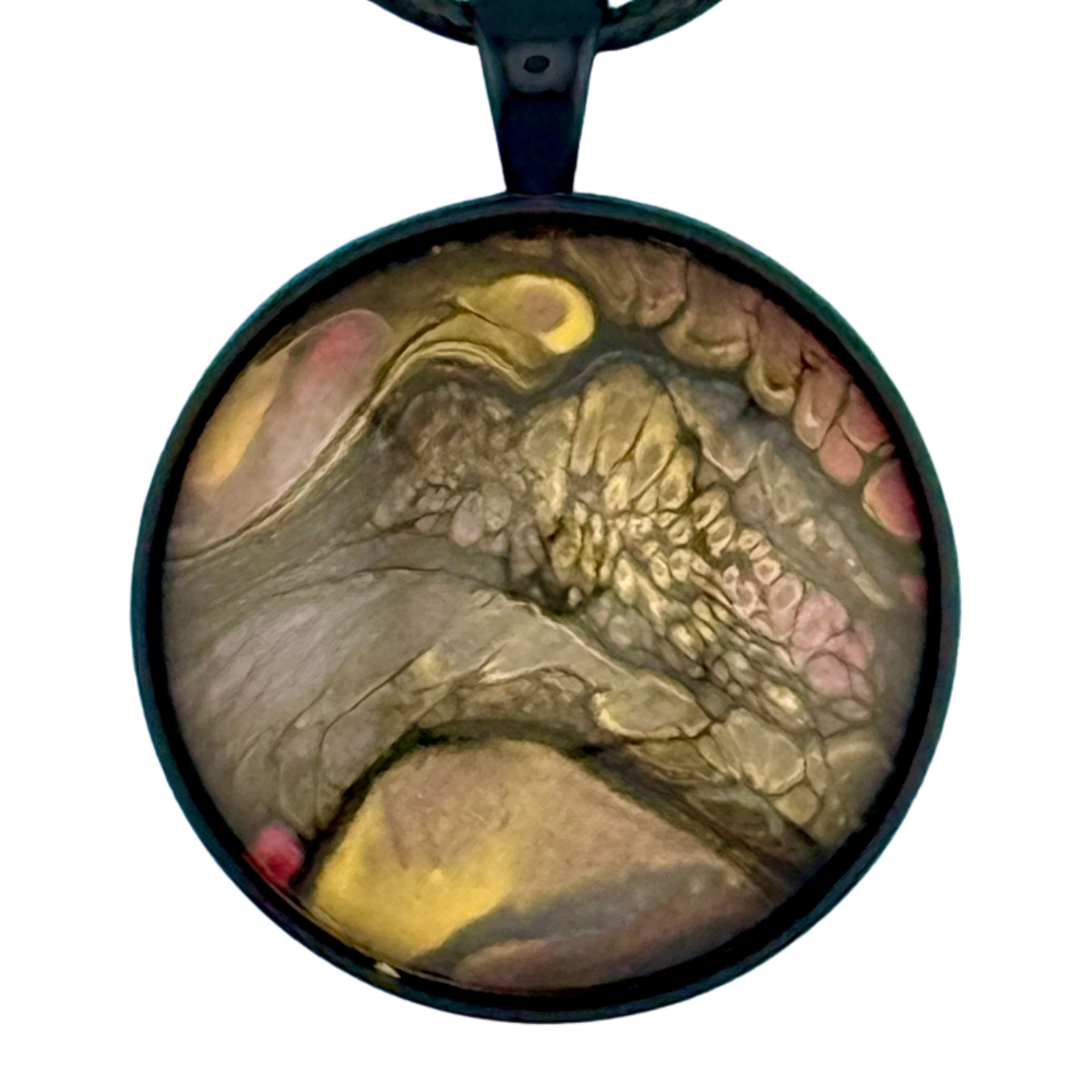 Pendant Necklace Handmade “Volcano Mountain” Black Bezel 30mm Black Cord