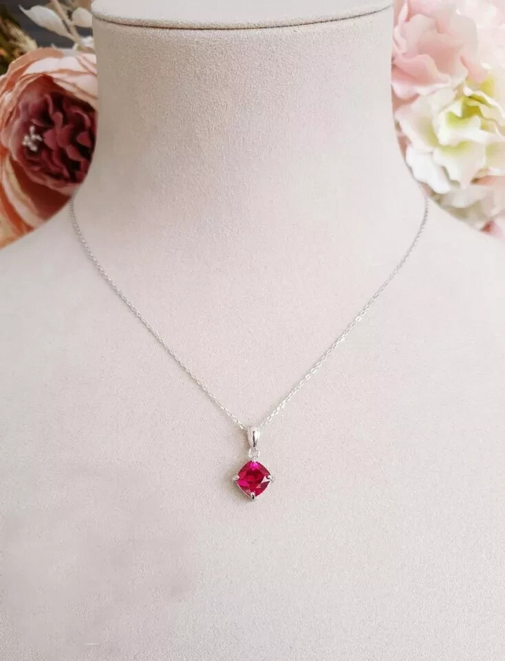 2 CT Cushion Solitaire Pink Ruby Pendant With Free Chain 14K White Gold FN