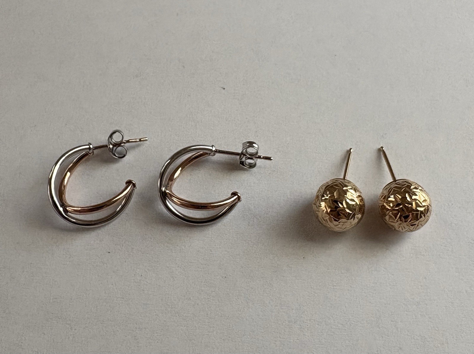 2 Prs. 10K Yellow White Rose Gold Signed RL Pierced Post Hoop Ball Stud Earrings