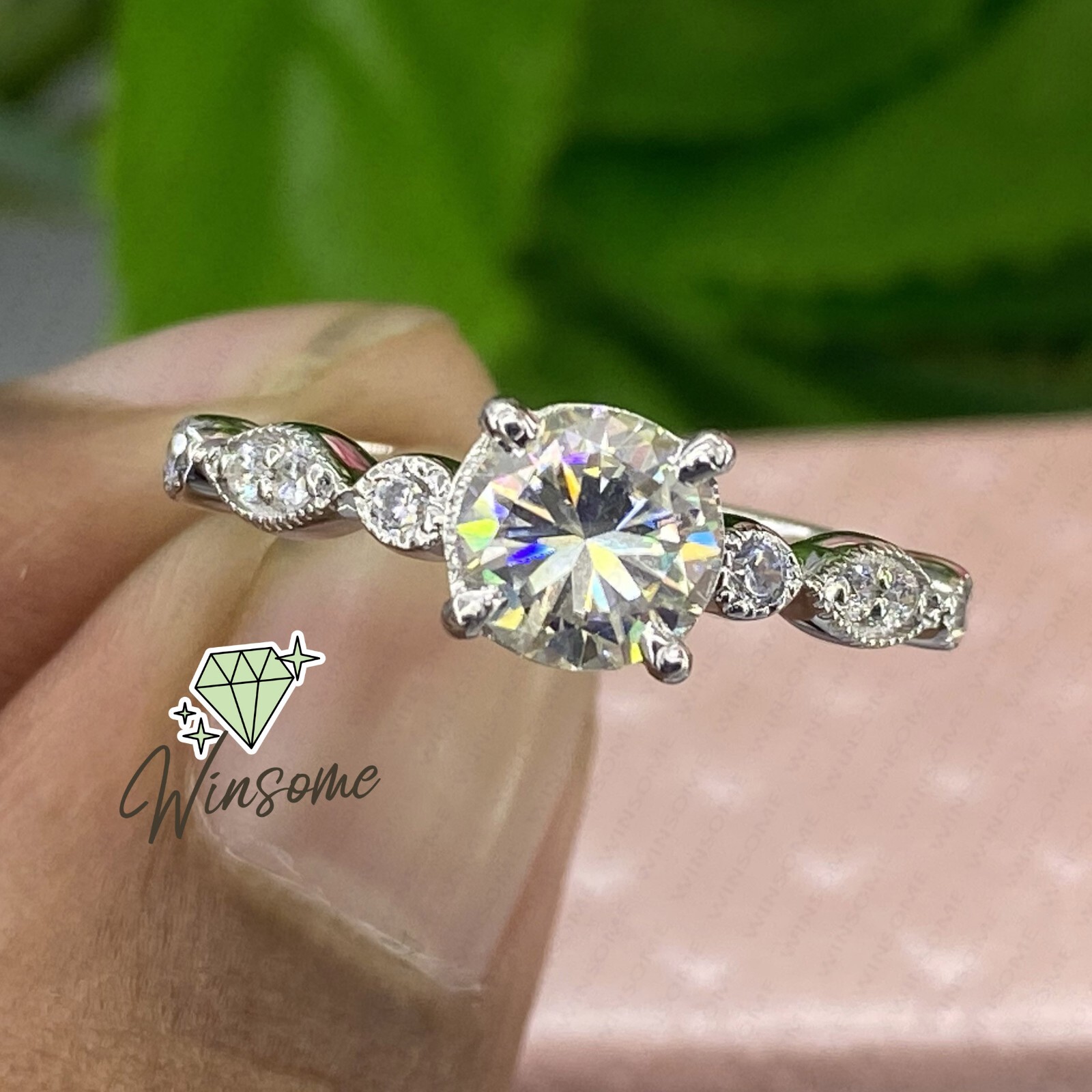 Round Moissanite Solitaire With Accents Anniversary Ring 14k White Gold Plated