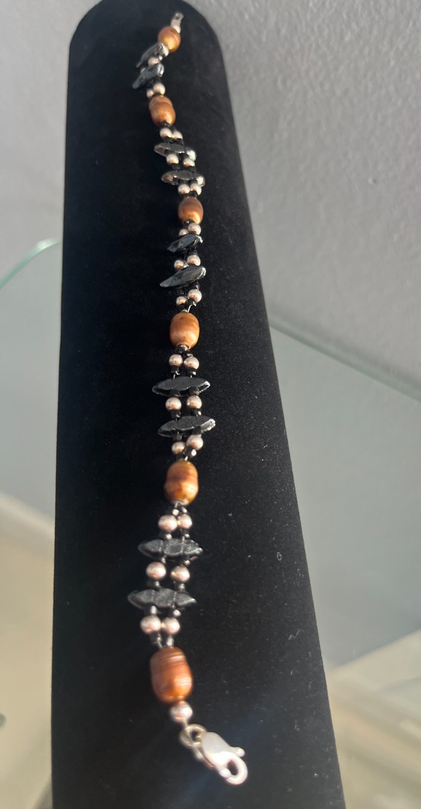 Orange Freshwater Cultured Pearl Style Beaded Bracelet 925 Silver Clasp 7.5″