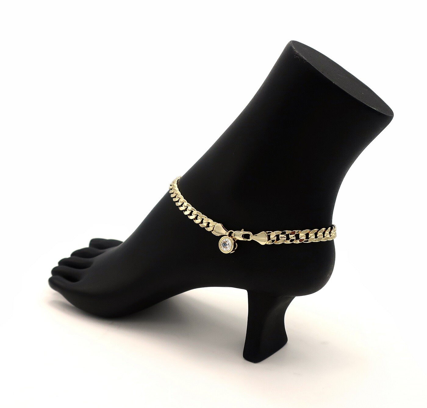 10″ CONCAVE CUBAN CURB LINK CHAIN QUALITY ANKLET CZ BRACELET 14K GOLD PLATED